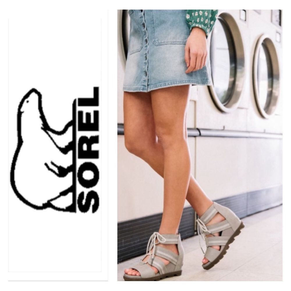 SOREL Joanie Lace Sandals Women's 9.5 Gray Leather Canvas Peep Toe Wedge Lug